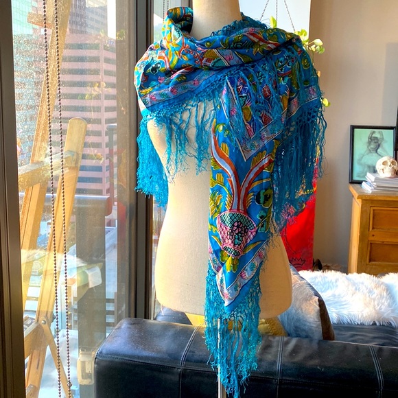 Vintage 100% Silk sari shawl scarf in Excellent Condition 39x39 made in India - Picture 6 of 12